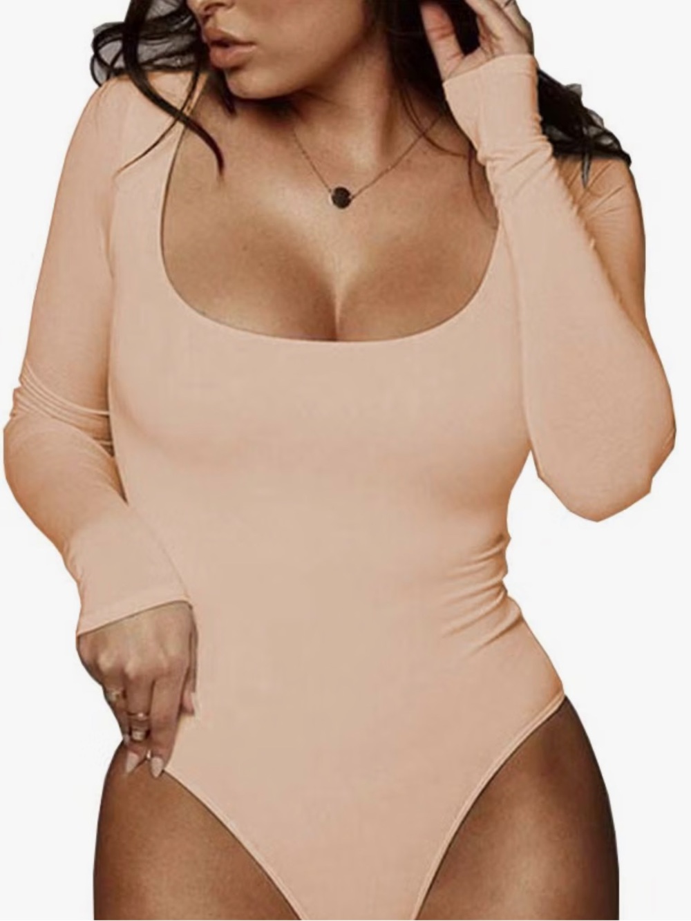 Long Sleeve Square Neck Bodysuit - Beige